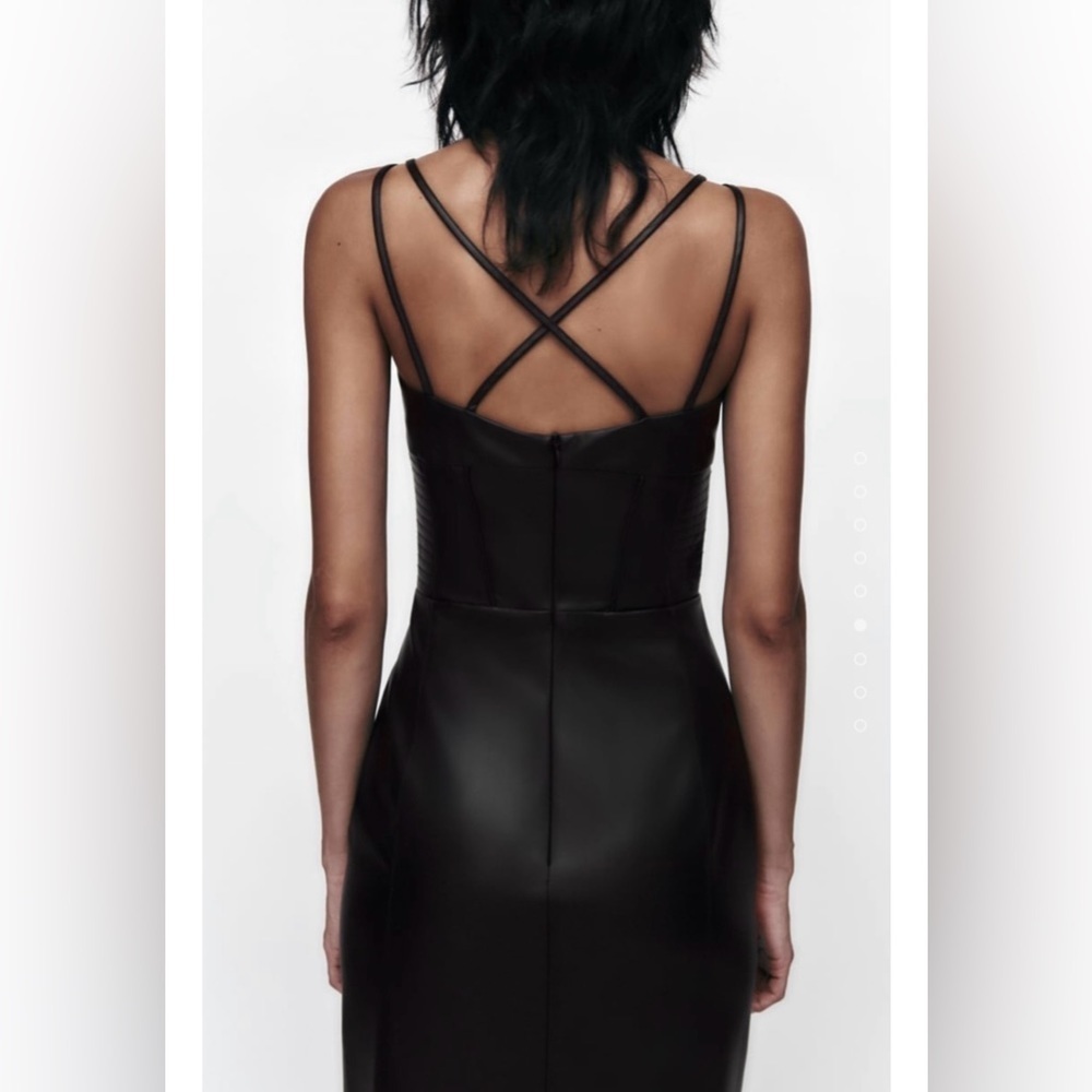 Zara Bloggers Fav Topstitched Faux Leather Midi Slit Christmas CutOut Dress Sz M - Picture 5 of 17